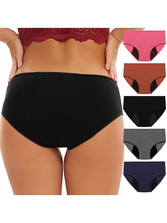 Plus Size Womens Underwear 5 Pack Leakproof Period Briefs Mid Rise Breathable Comfortable Nylon Stretch Underwear
