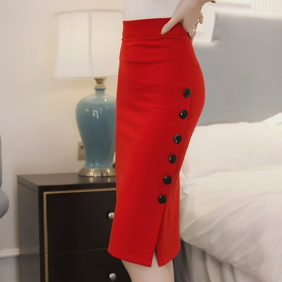 OSFVNOXV Red Skirts for Women High Waisted Knitting Cotton Vintage Knee Length Split Midi Pencil Bodycon Skirts for Office Workwear