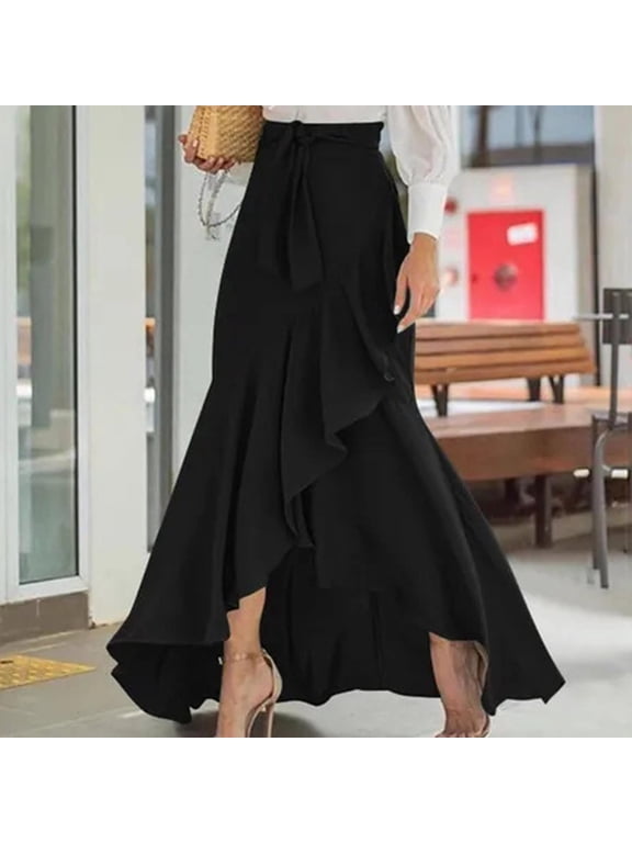 Retro Skirts for Women Plus Size High Waisted Ruffle Hem Maxi Length Skirt for Cocktail Dance Party,Sizes S-5XL
