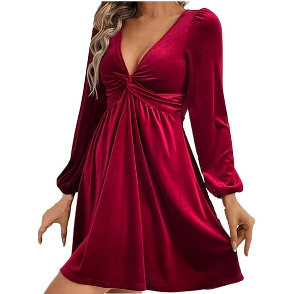 OSFVNOXV Retro Velvet Dress for Women Puff Sleeve V-Neck Wide Waistband Knee Length Cocktail Party Dress