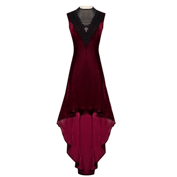 OSFVNOXV Retro Velvet Dress for Women Sleeveless Tank High Waisted Lace Embroidered V-Neck High-Low Ruffle Maxi Dress