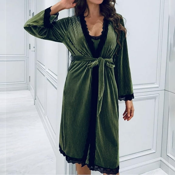 OSFVNOXV Retro Velvet Evening Gowns for Women,Long Sleeve Chemise Nightdress with Robes,Soft Comfortable Loungewear in Cold Winter