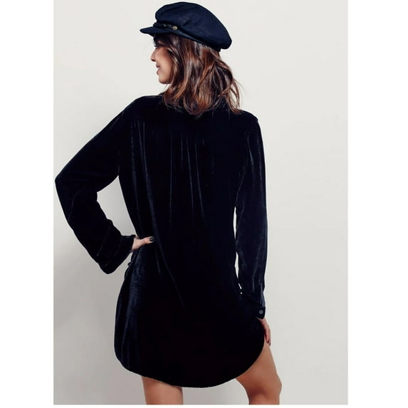 OSFVNOXV Retro Velvet Shirt Dress for Women Long Sleeve Deep V-Neck Baggy Lapel Blouse Mini Dress with Pockets