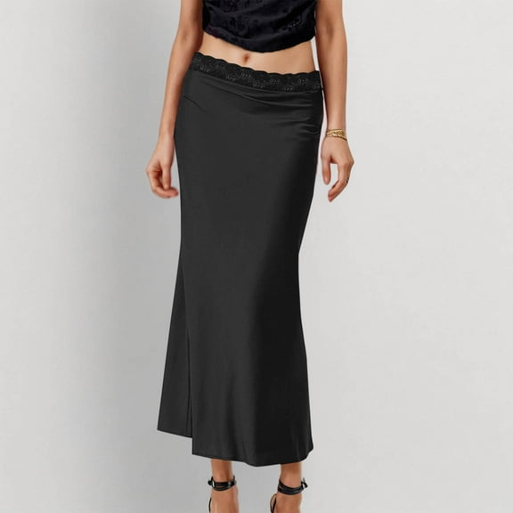 OSFVNOXV Satin Maxi Skirts for Women Low Rise Elastic Waistband Seamless Silky Flared Wrap Long Skirt
