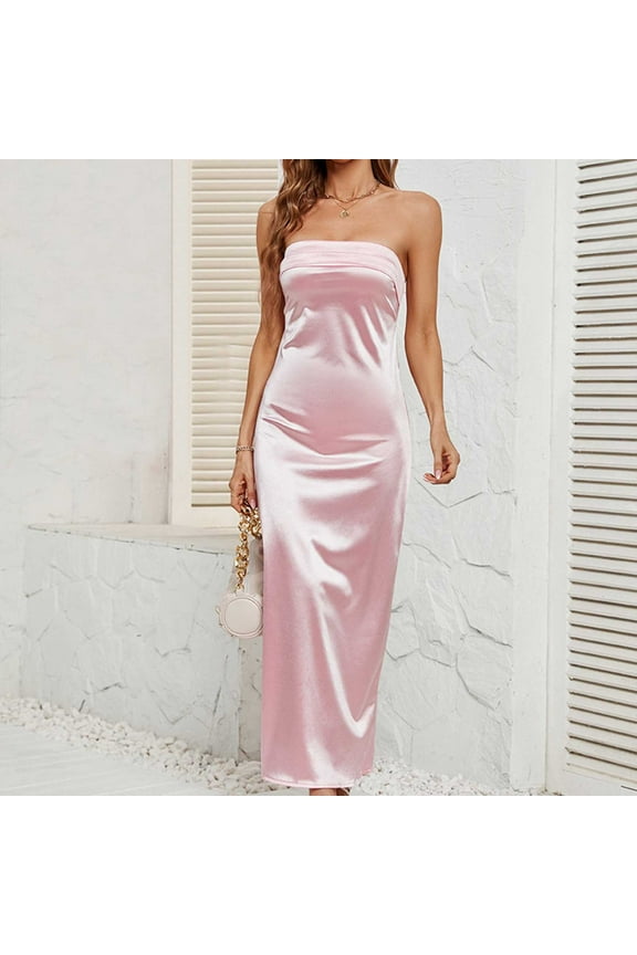 Satin Silk Maxi Dress for Women Backless Tube Tops Low Back Hollow Out Bodycon Wrap Strapless Long Dresses Homecoming Prom Wedding Guest