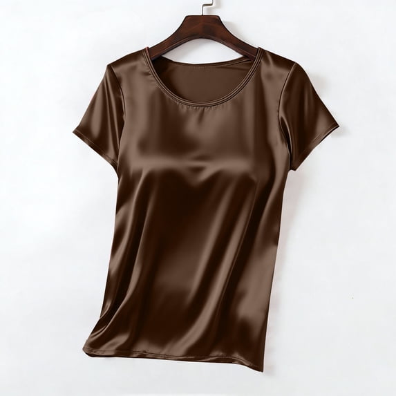 OSFVNOXV Satin Tops for Juniors Y2K Cute Tops Summer Breathable Quick Drying Short Sleeve Pajama Top with Built-In-Bra