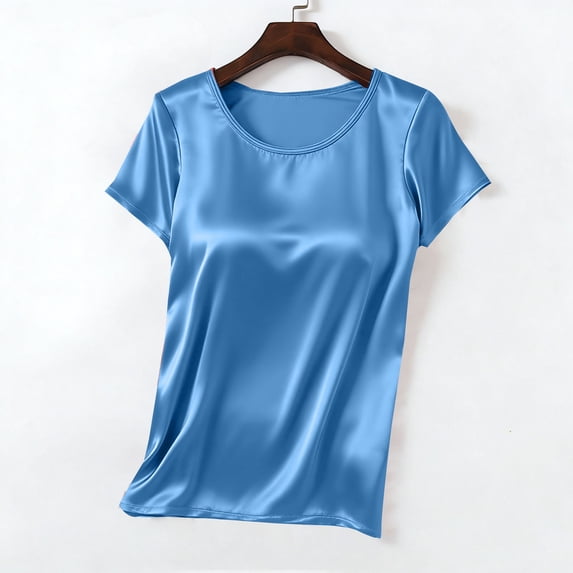 OSFVNOXV Satin Tops for Juniors Y2K Cute Tops Summer Breathable Quick Drying Short Sleeve Pajama Top with Built-In-Bra