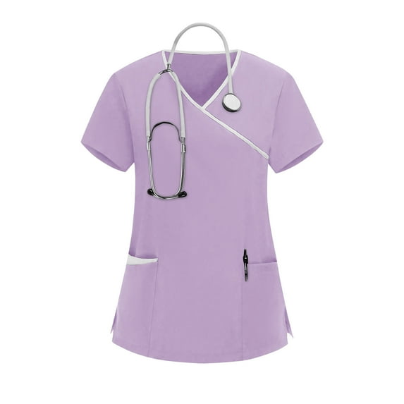 OSFVNOXV Scrub Tops for Women Casual Wrap V-Neck Slim Fit Short Sleeve Nurse Uniform Work Tops with Pockets