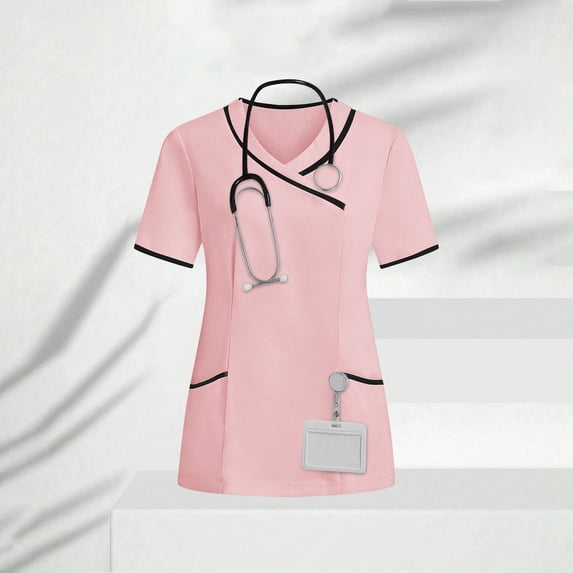 OSFVNOXV Scrub Tops for Women with Pockets Summer V-Neck Short Sleeve Work Tops Professional Nurse Uniform