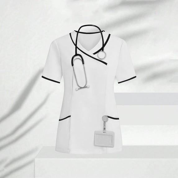 OSFVNOXV Scrub Work Tops for Women with Pockets,Professional Wrap V-Neck Nurse Uniform,Casual Breathable Workout T-Shirts