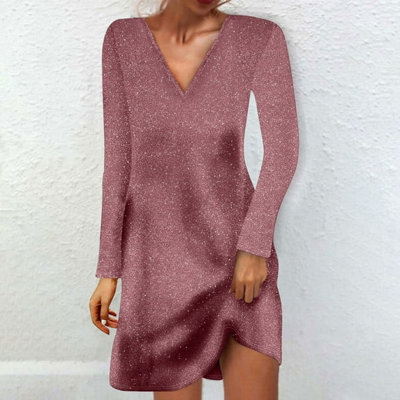 OSFVNOXV Sequin Dress for Women Glitter Sparkly Long Sleeve Fall Straight Leg V-Neck Mini Length Dress for Birthday Wedding Party