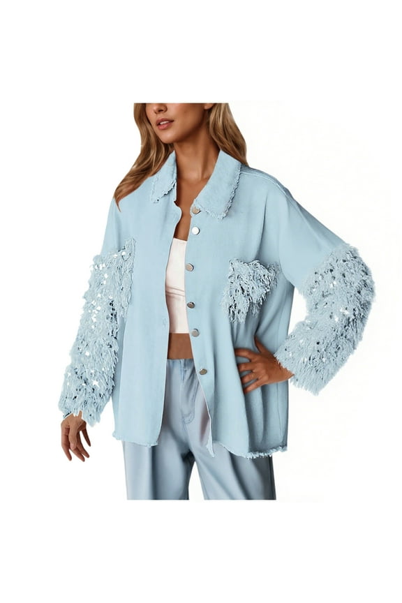 Sequin Jackets for Women Long Sleeve Denim Jackets Y2K Sequin Glitter Shirt Tassel Hem Lapel Blouse