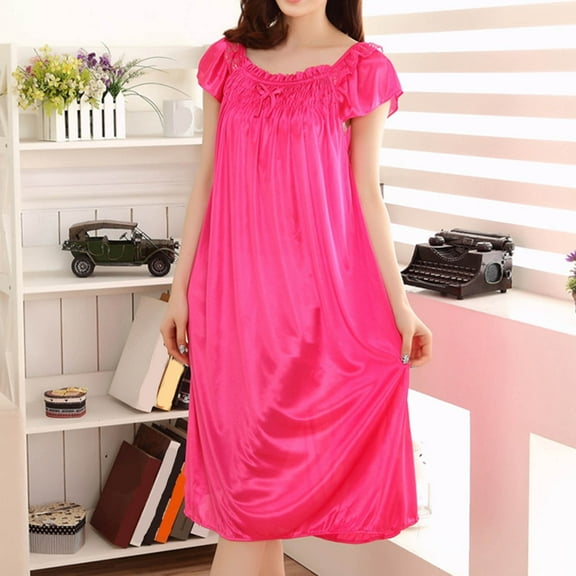 OSFVNOXV Silk Night Gowns for Women Cute Babydoll Square Neck Ruched Pleated Bow Tie Loose Silky Sleep Dress