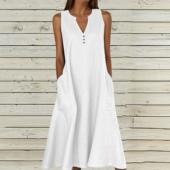 OSFVNOXV Sleeveless Dresses for Women with Pockets Casual Summer Linen Tank Dress Stretchy Notch V-Neck Button Up Loungewear Beachwear