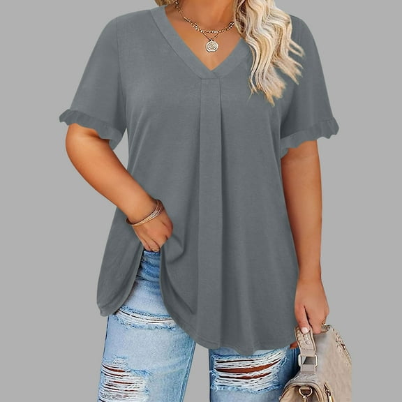 OSFVNOXV Spring Tops for Women Plus Size Ruffle Short Sleeve V-Neck Peplum Pleated Flowy Blouse ,L-5XL