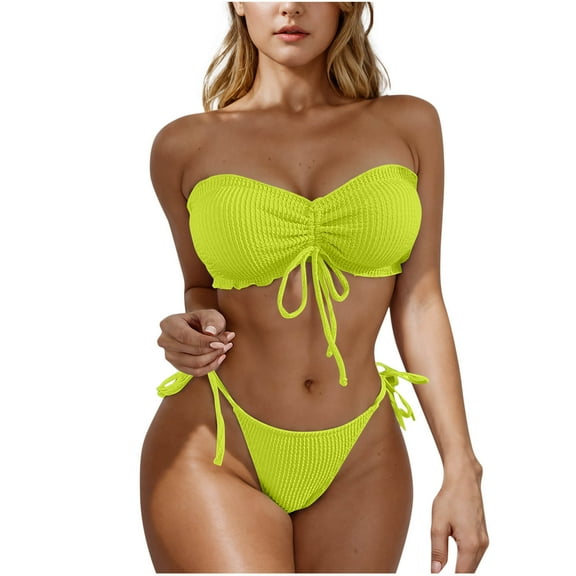 OSFVNOXV Strapless Swimsuits for Women Ribbed Knit Bandeau Bra Tie Front Drawstring Thong Bathing Suits for Summer Beach Vacation