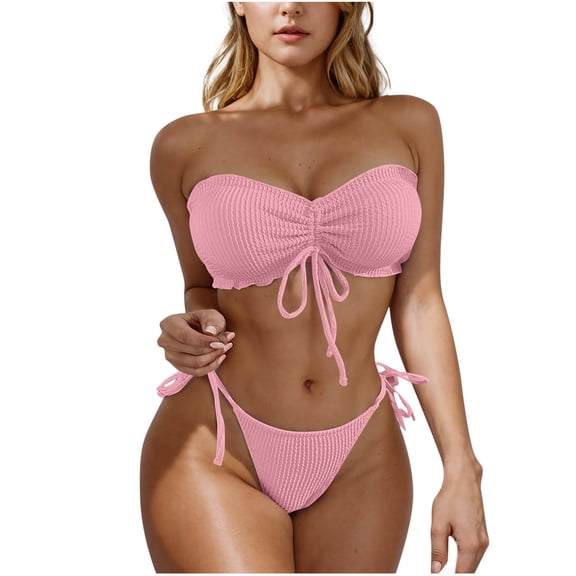 OSFVNOXV Strapless Swimsuits for Women Ribbed Knit Bandeau Bra Tie Front Drawstring Thong Bathing Suits for Summer Beach Vacation