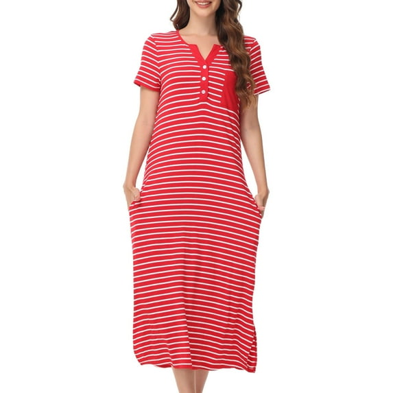 OSFVNOXV Striped Nightgown for Women with Built-In-Bra,Summer Cotton Breathable Ruffle Hem Knee Length Crewneck Sleepshirts