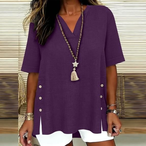 OSFVNOXV Summer Blouses for Women Casual Boho Tops V-Neck Side Split Buttons Short Sleeve Lightweight Tunic Shirts