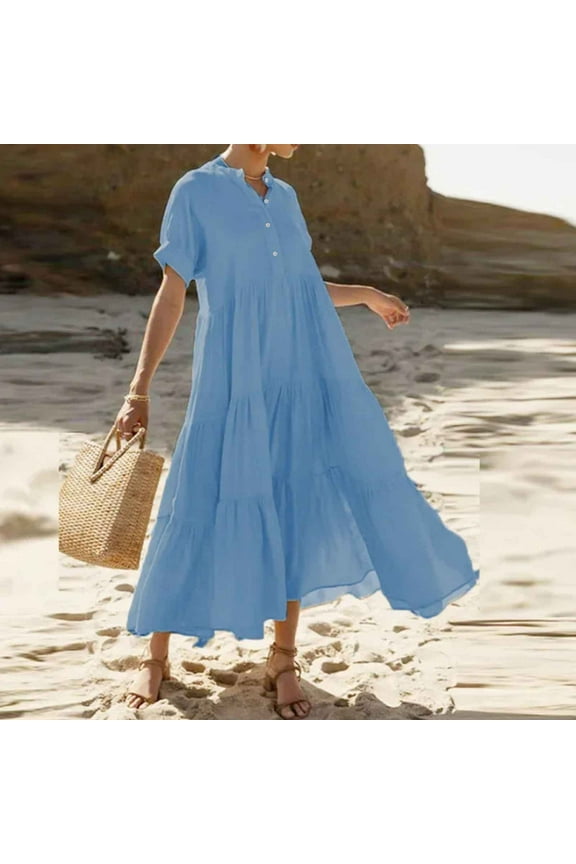 Summer Boho Dresses for Women,Loose Fit Plus Size Nightgown Dress,Lightweight Pleated Tiered Flowy Swing Maxi Length Shirt Dress ,S-5XL