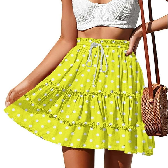 OSFVNOXV Summer Boho Mini Skirts for Women Retro Polka Dot Beach Skirt Elastic Drawstring A-Line Cute Floral Swing Flowy Skorts for Holiday Vacation