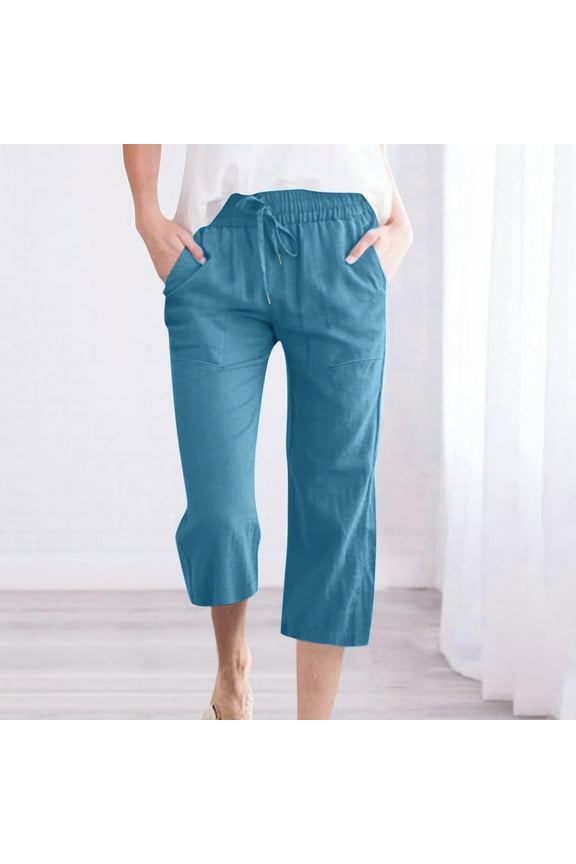 Summer Capri Pants for Women Plus Size Cotton Linen Pants High Elastic Waist Casual Pants with Drawstring Pockets