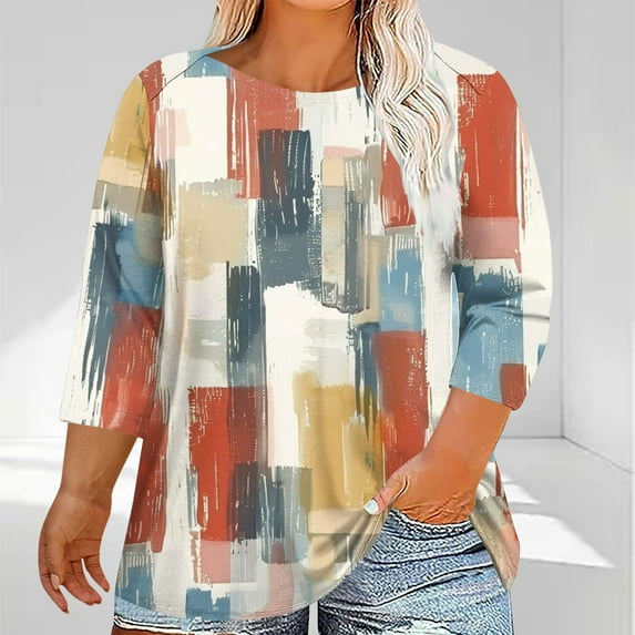 OSFVNOXV Summer Casual Shirts for Women 3/4 Sleeve Oversized T-Shirts Loose Fit Crewneck Graphic T-Shirt ,L-5XL