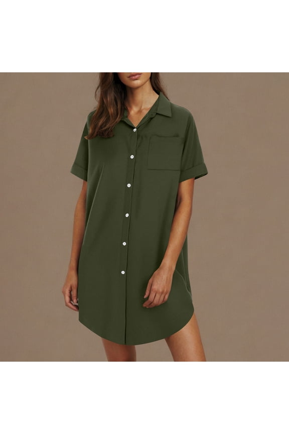 Summer Cotton Linen Shirt Dress for Women Casual Lightweight Button Down Cardigan Short Sleeve Collar Lapel Blouse for Sleepwear Loungewear