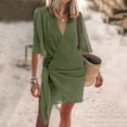 thumbnail image 1 of OSFVNOXV Summer Linen Dresses for Women Boho Shirt Dress Wrap V-Neck Breathable Mini Kaftan Dress for Beach Vacation, 1 of 9