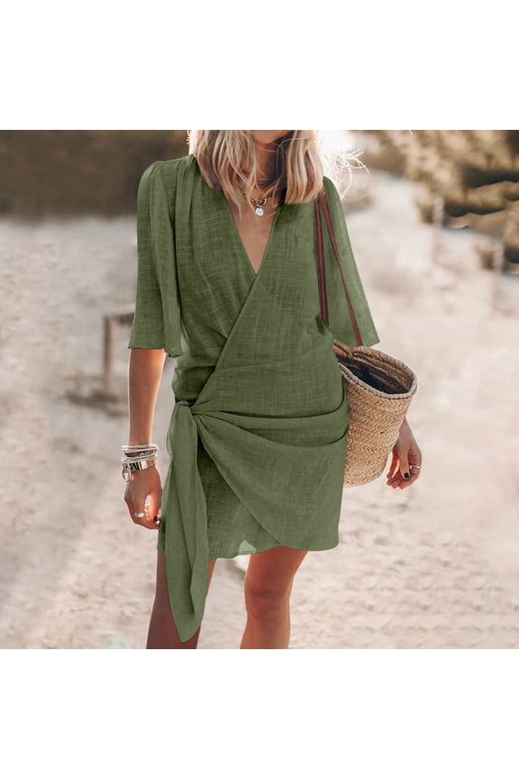 Summer Linen Dresses for Women Boho Shirt Dress Wrap V-Neck Breathable Mini Kaftan Dress for Beach Vacation