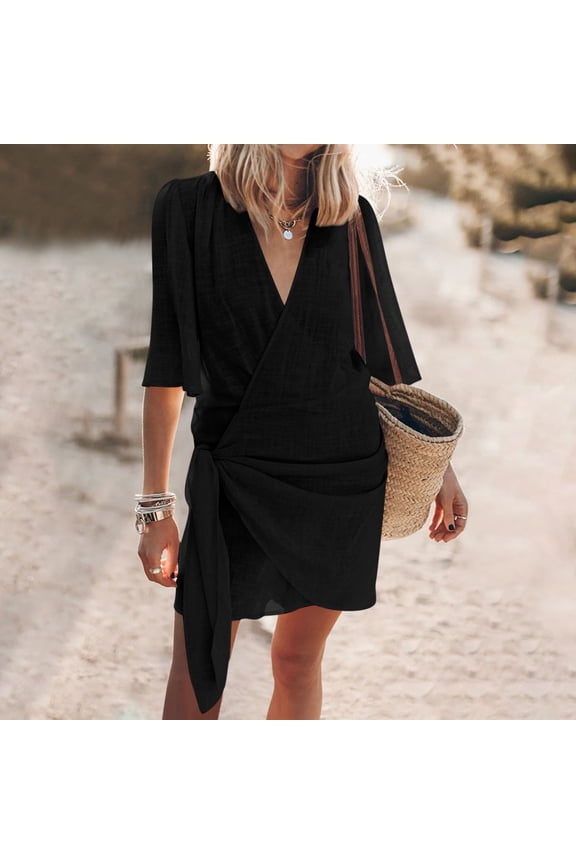 Summer Linen Dresses for Women Boho Shirt Dress Wrap V-Neck Breathable Mini Kaftan Dress for Beach Vacation