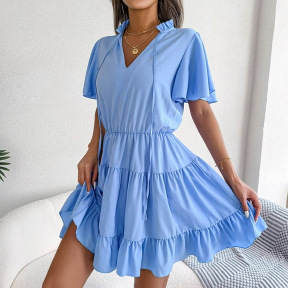 OSFVNOXV Summer Mini Dresses for Women ,Petite Ruffle V-Neck Chiffon Dress,Short Tiered A-Line Dress