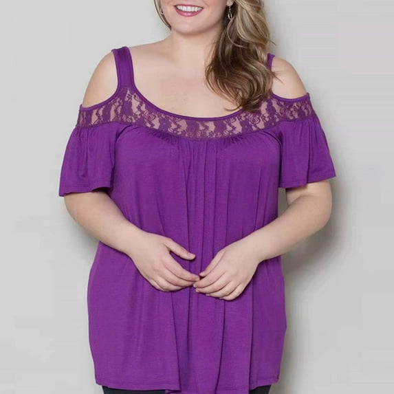 OSFVNOXV Summer Tops for Women 2025 Plus Size Off Shoulder Lace T-Shirt New Trendy Solid Color Loose Fit Crewneck Pullover Blouse