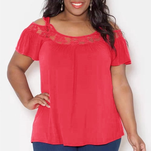 OSFVNOXV Summer Tops for Women 2026 Plus Size Off Shoulder Lace T-Shirt New Trendy Solid Color Loose Fit Crewneck Pullover Blouse