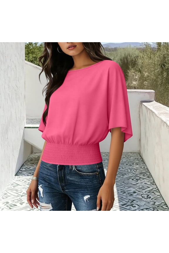Summer Tops for Women Casual Smocked Waist Short Sleeve Crewneck Pullover Spring Tunic Blouse 2026