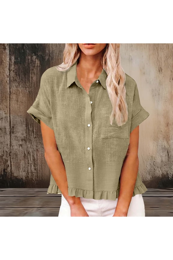 Summer Tops for Women with Front Pockets Casual Buttons Down Crop Top Short Sleeve Collared Tunic Blouse
