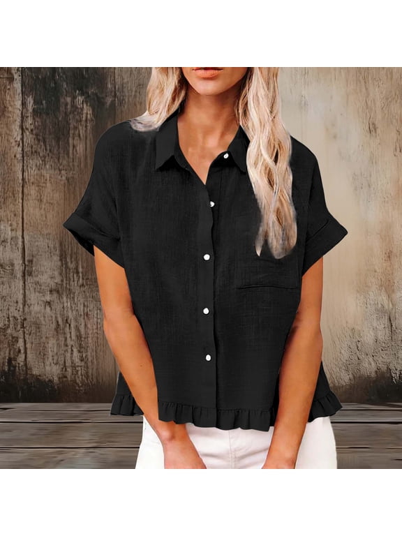 Summer Tops for Women with Front Pockets Casual Buttons Down Crop Top Short Sleeve Collared Tunic Blouse