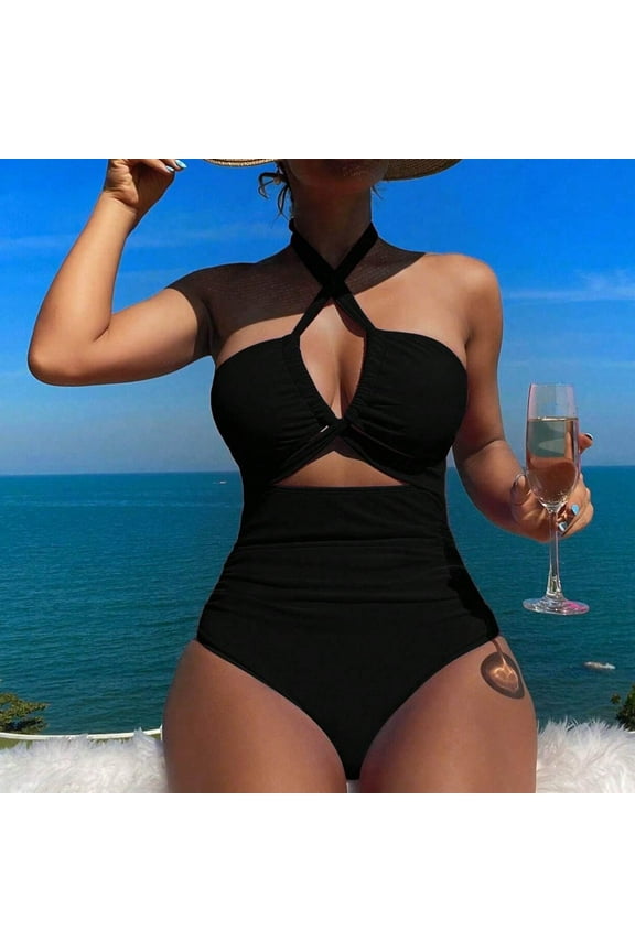 Swim Suits for Women 2025 Summer Halter Cross Front Bikini Top Bodycon Cutout High Waisted Hipster Bathing Suit Mothers Day Gifts Bulk