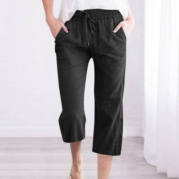 OSFVNOXV Travel Pants Women Plus Size High Waisted Cotton Linen Pants for Women - Elastic Drawstring Wide Leg 7/8 Length Casual Lounge Trousers