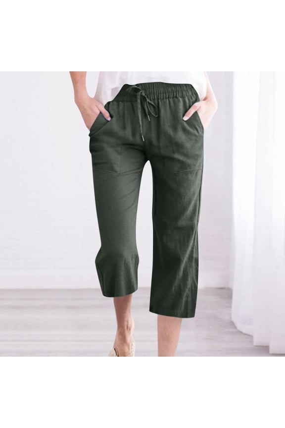 Travel Pants Women Plus Size High Waisted Cotton Linen Pants for Women - Elastic Drawstring Wide Leg 7/8 Length Casual Lounge Trousers