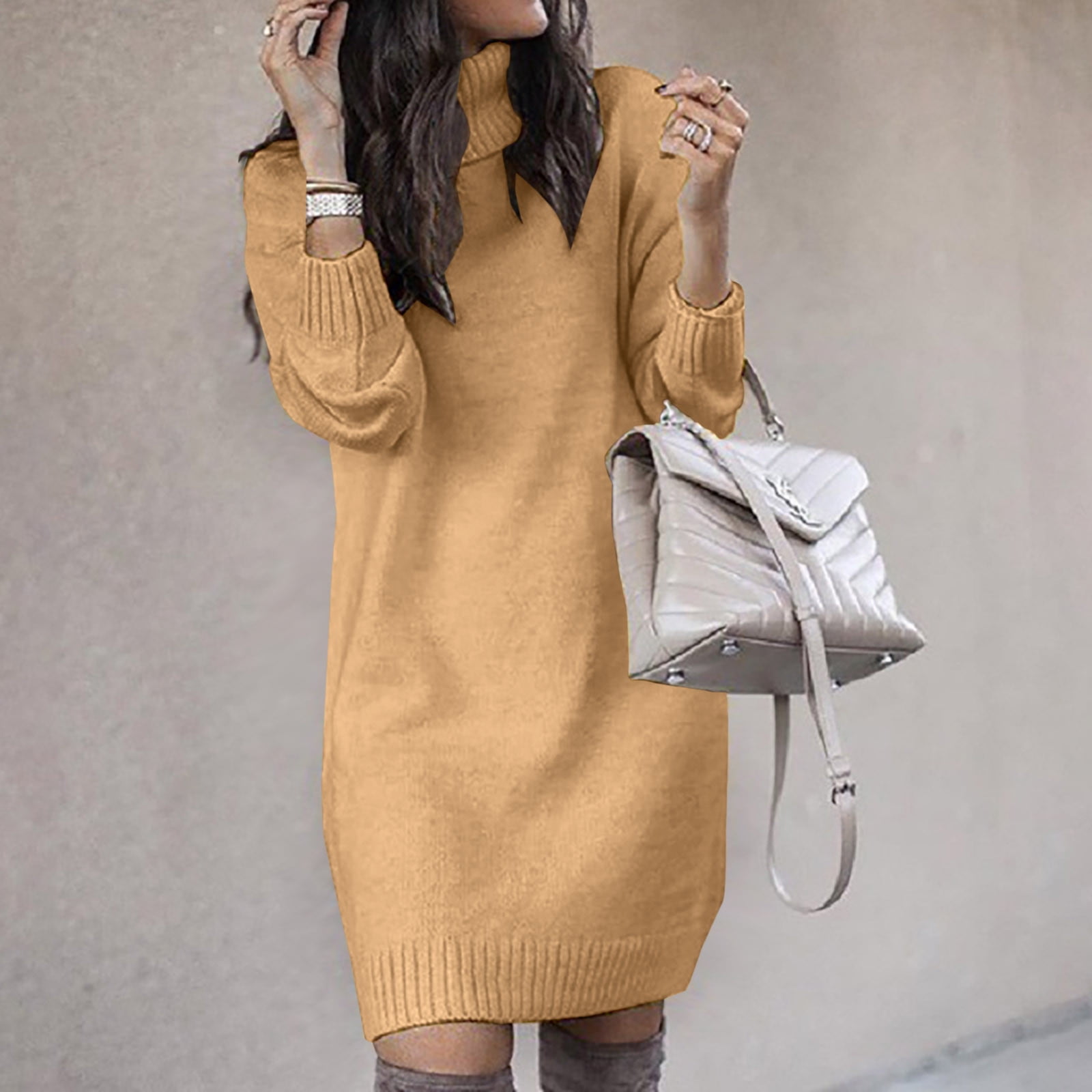 OSFVNOXV Turtleneck Sweater Dress for Women Long Sleeve Ribbed Knit Shirt Straight Leg Soft Cozy Pullover Mini Dress,S-3XL