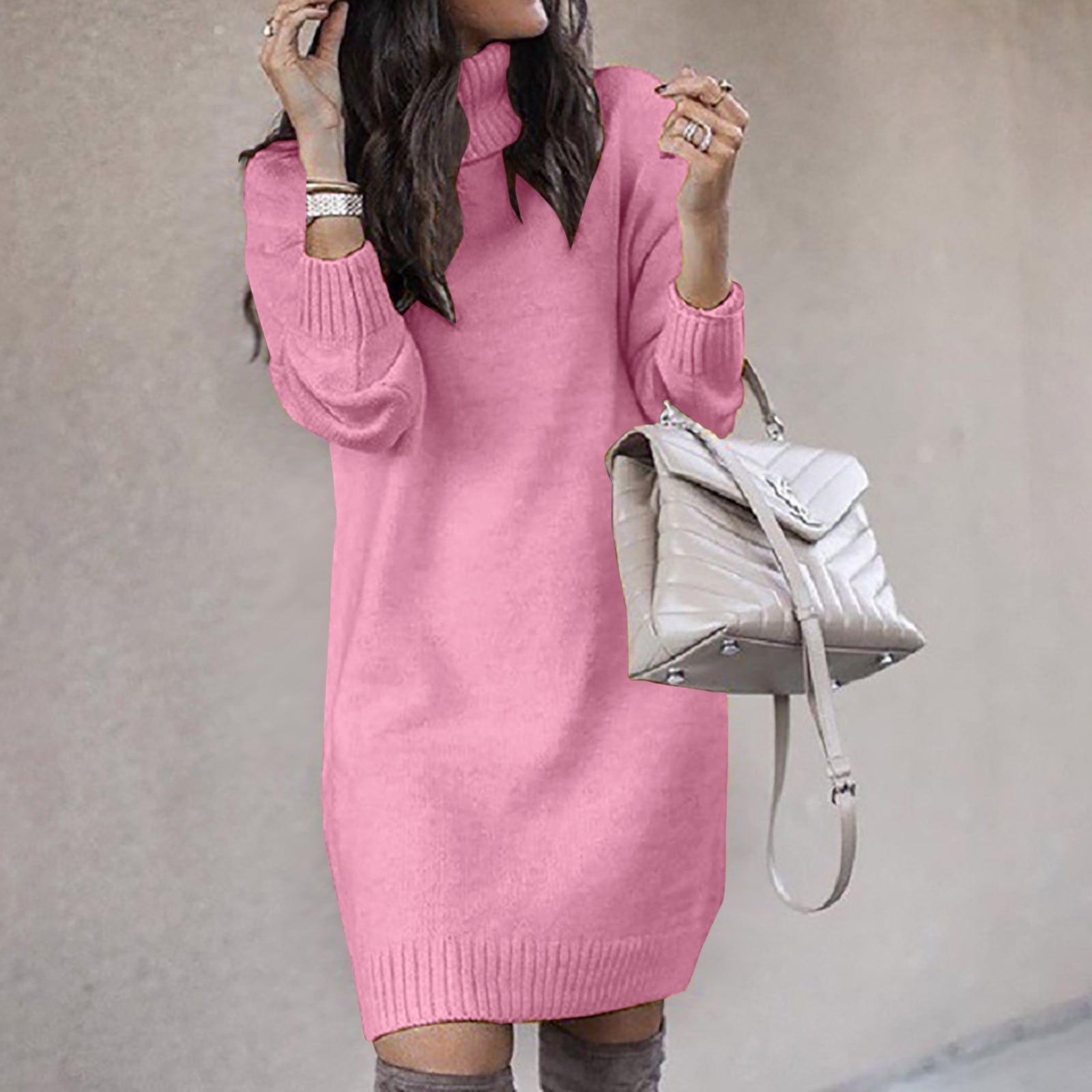 OSFVNOXV Turtleneck Sweater Dress for Women Long Sleeve Ribbed Knit Shirt Straight Leg Soft Cozy Pullover Mini Dress,S-3XL