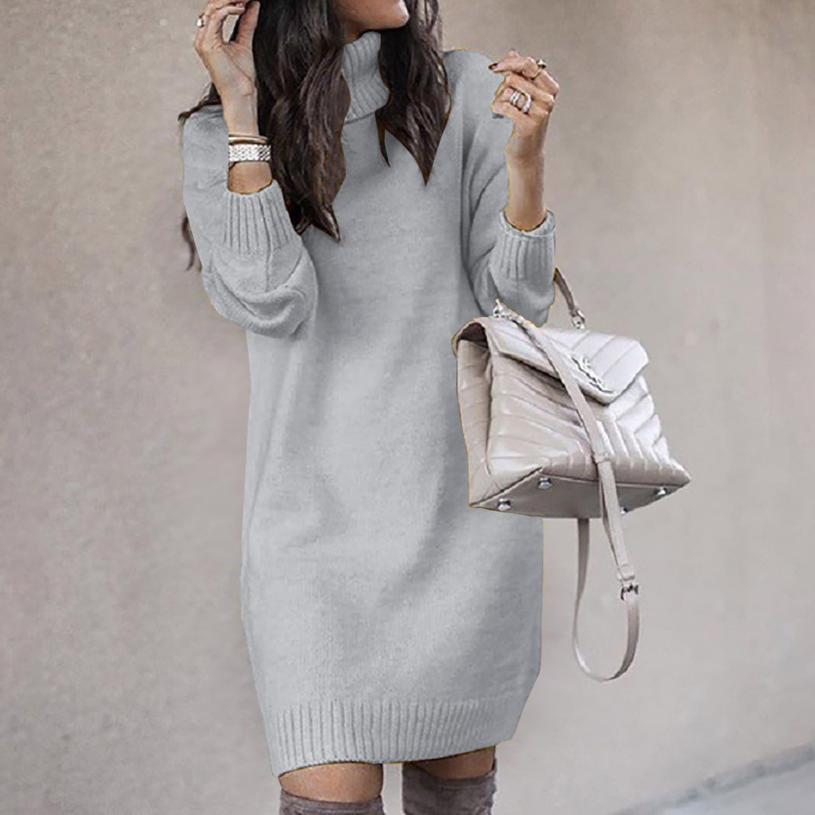 OSFVNOXV Turtleneck Sweater Dress for Women Long Sleeve Ribbed Knit Shirt Straight Leg Soft Cozy Pullover Mini Dress,S-3XL