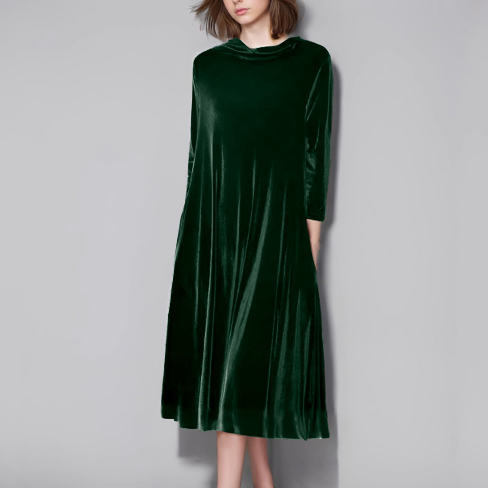 OSFVNOXV Velvet Dress for Women Plus Size Long Sleeve Evening Dress Loose Fit Solid Color Wedding Guest Dress
