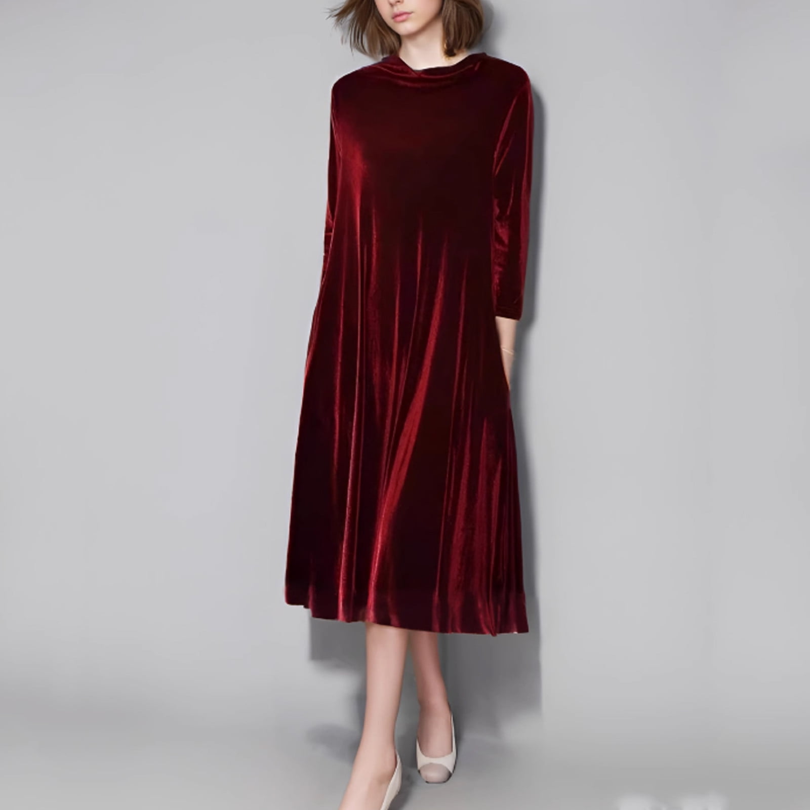 OSFVNOXV Velvet Dress for Women Plus Size Long Sleeve Evening Dress Loose Fit Solid Color Wedding Guest Dress