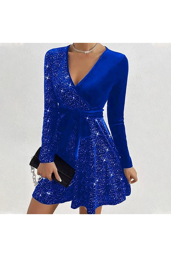 Velvet Dress for Women Rhinestone Glitter Sparkly V-Neck A-Line Ruffle Swing Mini Dress