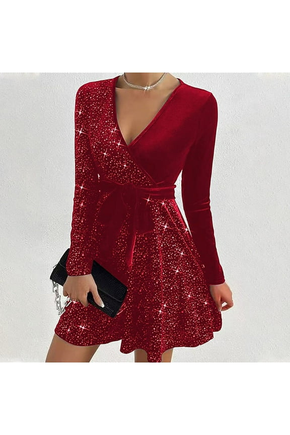 Velvet Dress for Women Rhinestone Glitter Sparkly V-Neck A-Line Ruffle Swing Mini Dress