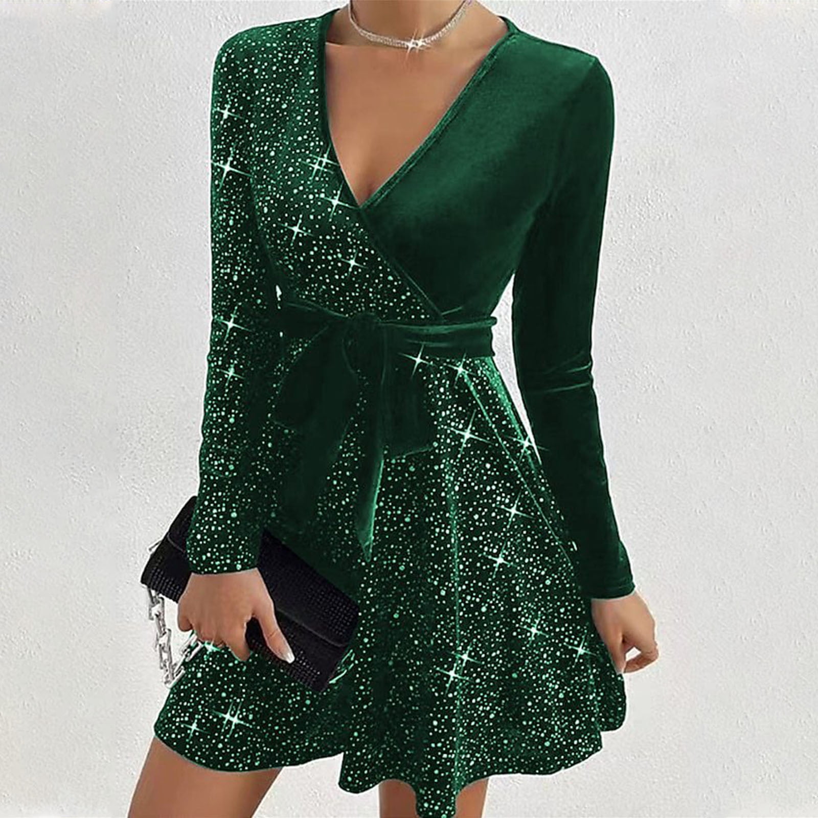 OSFVNOXV Velvet Dress for Women Rhinestone Glitter Sparkly V-Neck A-Line Ruffle Swing Mini Dress