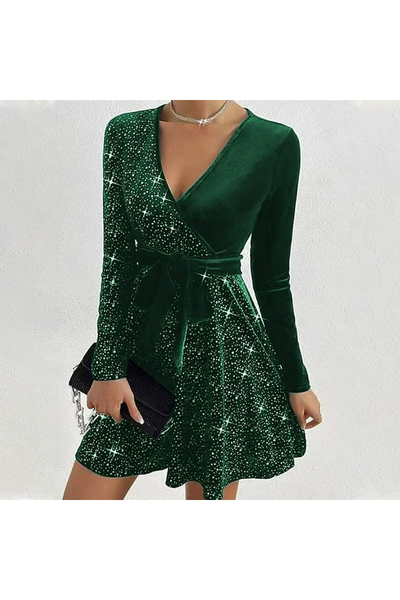 Velvet Dress for Women Rhinestone Glitter Sparkly V-Neck A-Line Ruffle Swing Mini Dress