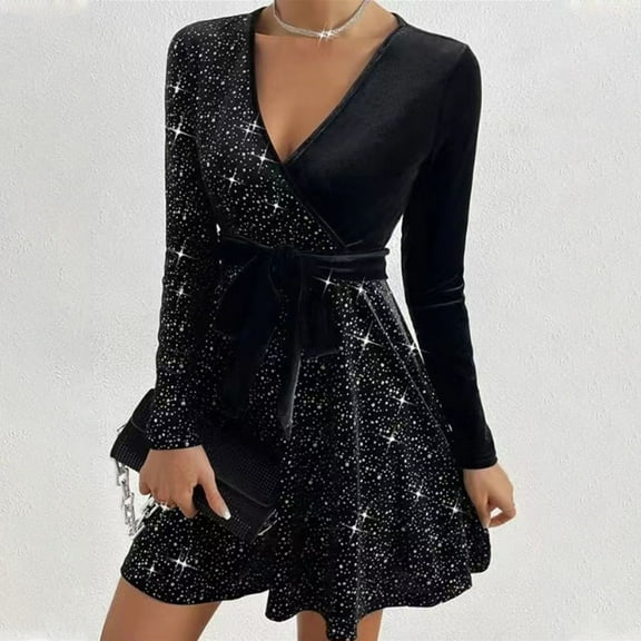 OSFVNOXV Velvet Dress for Women Rhinestone Glitter Sparkly V-Neck A-Line Ruffle Swing Mini Dress